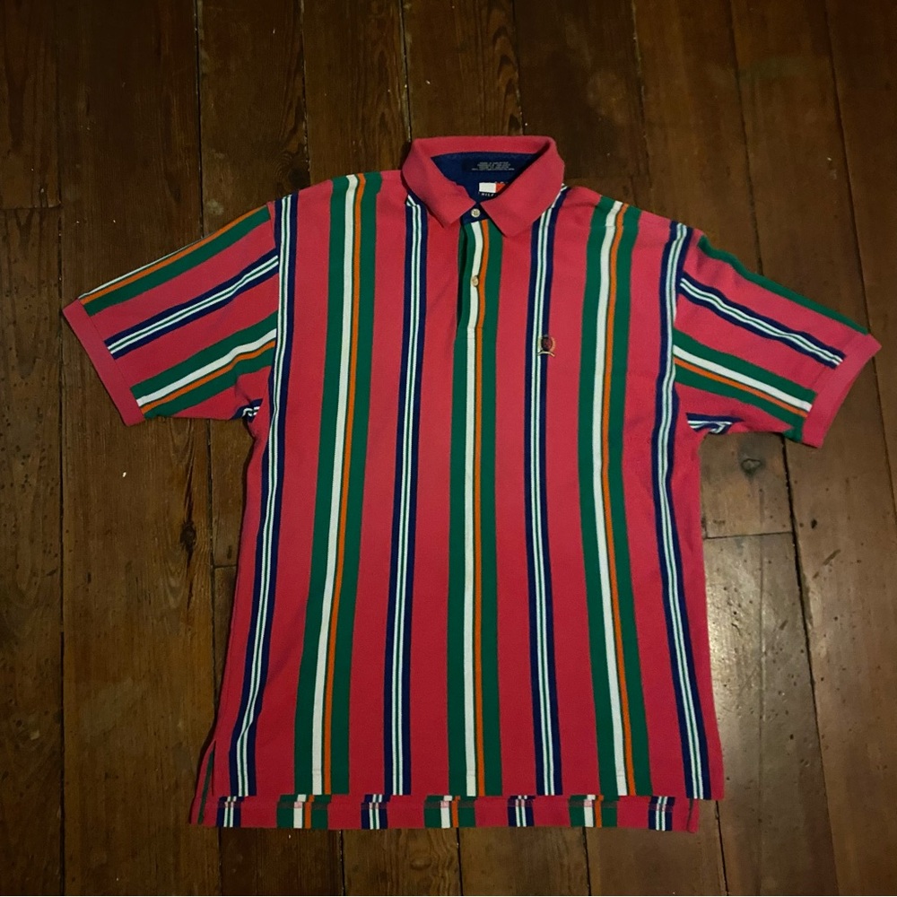 Vintage Tommy Hilfiger Striped Polo Shirt Men’s Large 90s Crest Logo